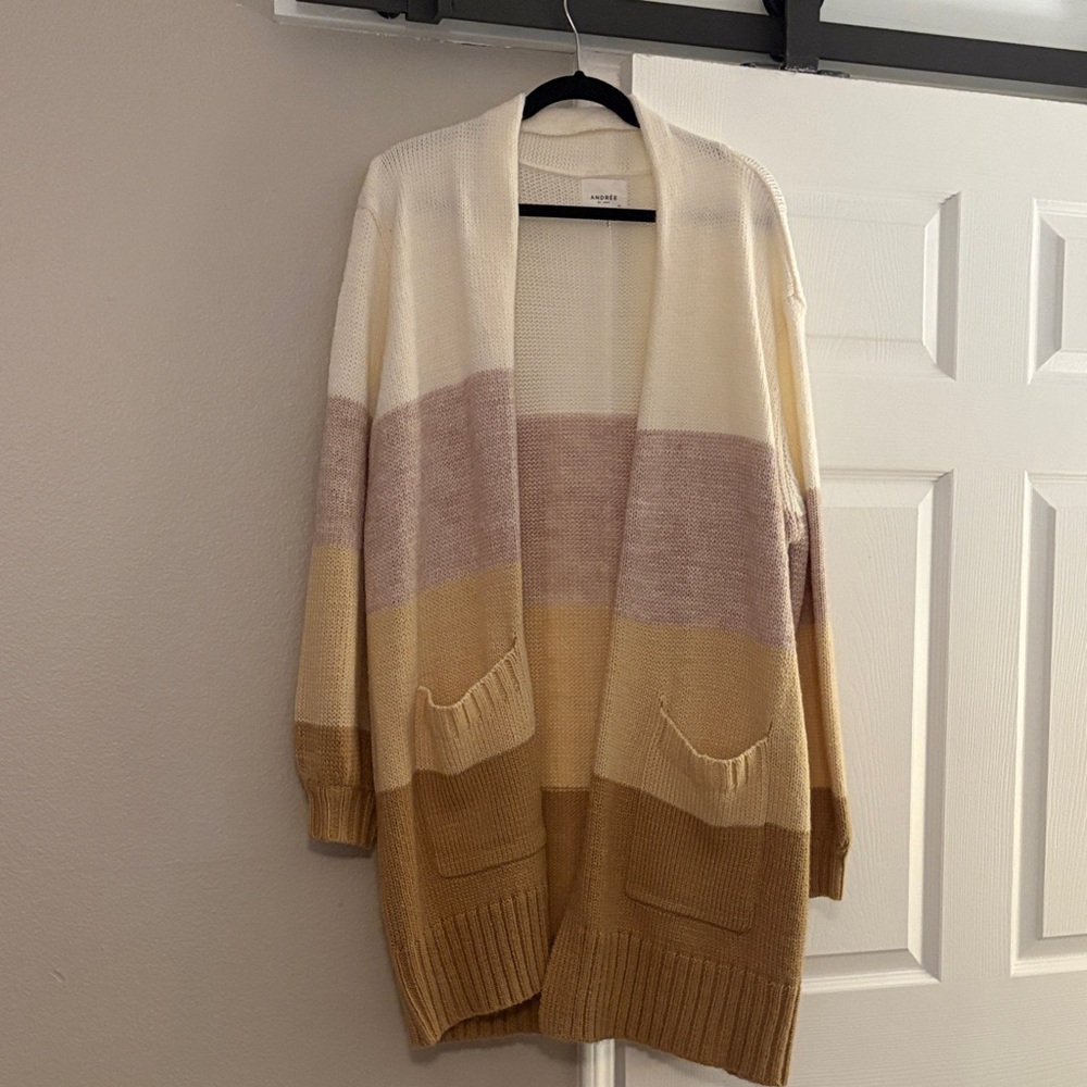 NWOT - ANDREE BY UNIT Cream & Tan Colorblock Open-Front Cardigan - Size 1X